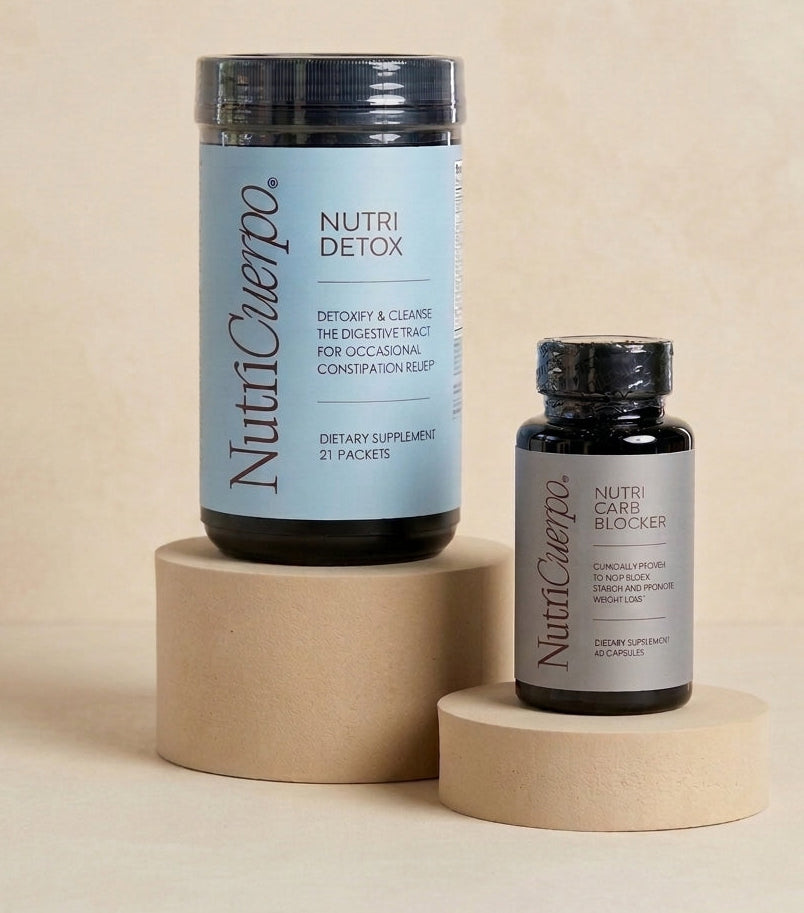 Two NutriCuerpo supplement containers displayed on round beige pedestals against a warm beige background. The larger container on the left is a clear jar with a black lid and a light blue label reading 'Nutri Detox.